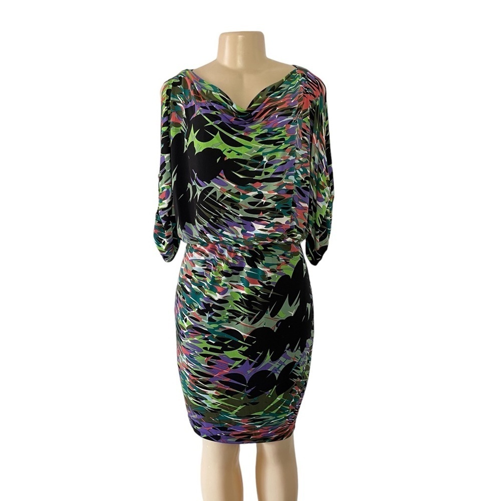 Maggy London Black Abstract Multicolor‎ Cold Shoulder Short Sleeve Dress